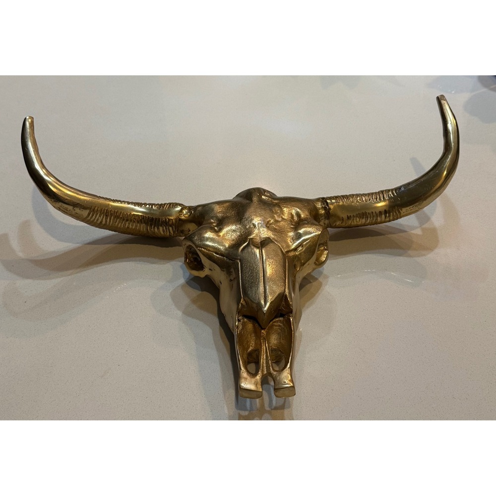 Polished Gold Metal Bull Skull Wall Decor Longhorn Steer Sculpture Large New